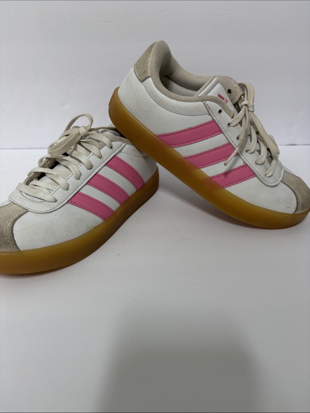 adidas Kids White Sneakers with Pink Stripes and Gum Sole